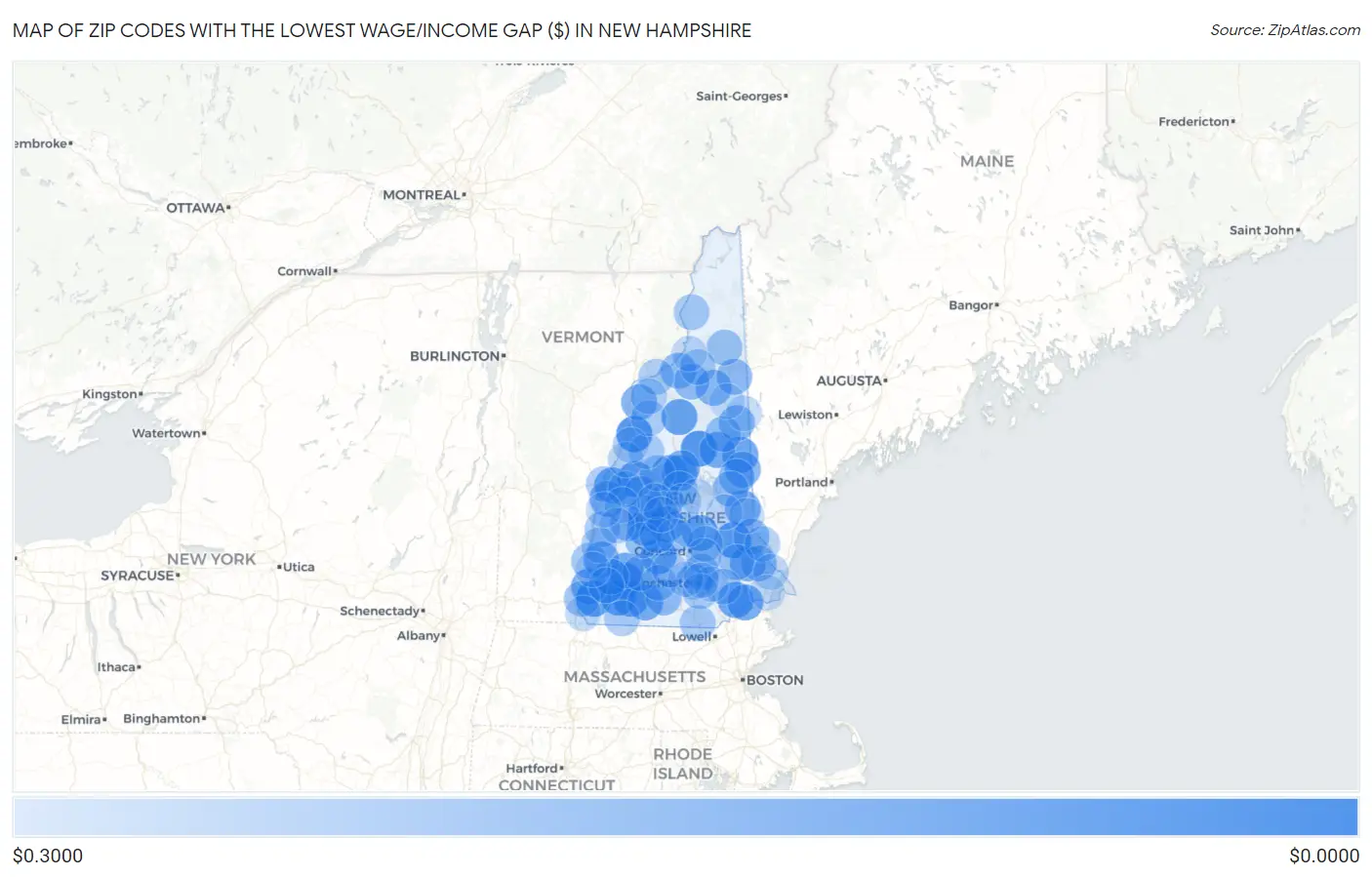 Zip Codes with the Lowest Wage/Income Gap ($) in New Hampshire Map