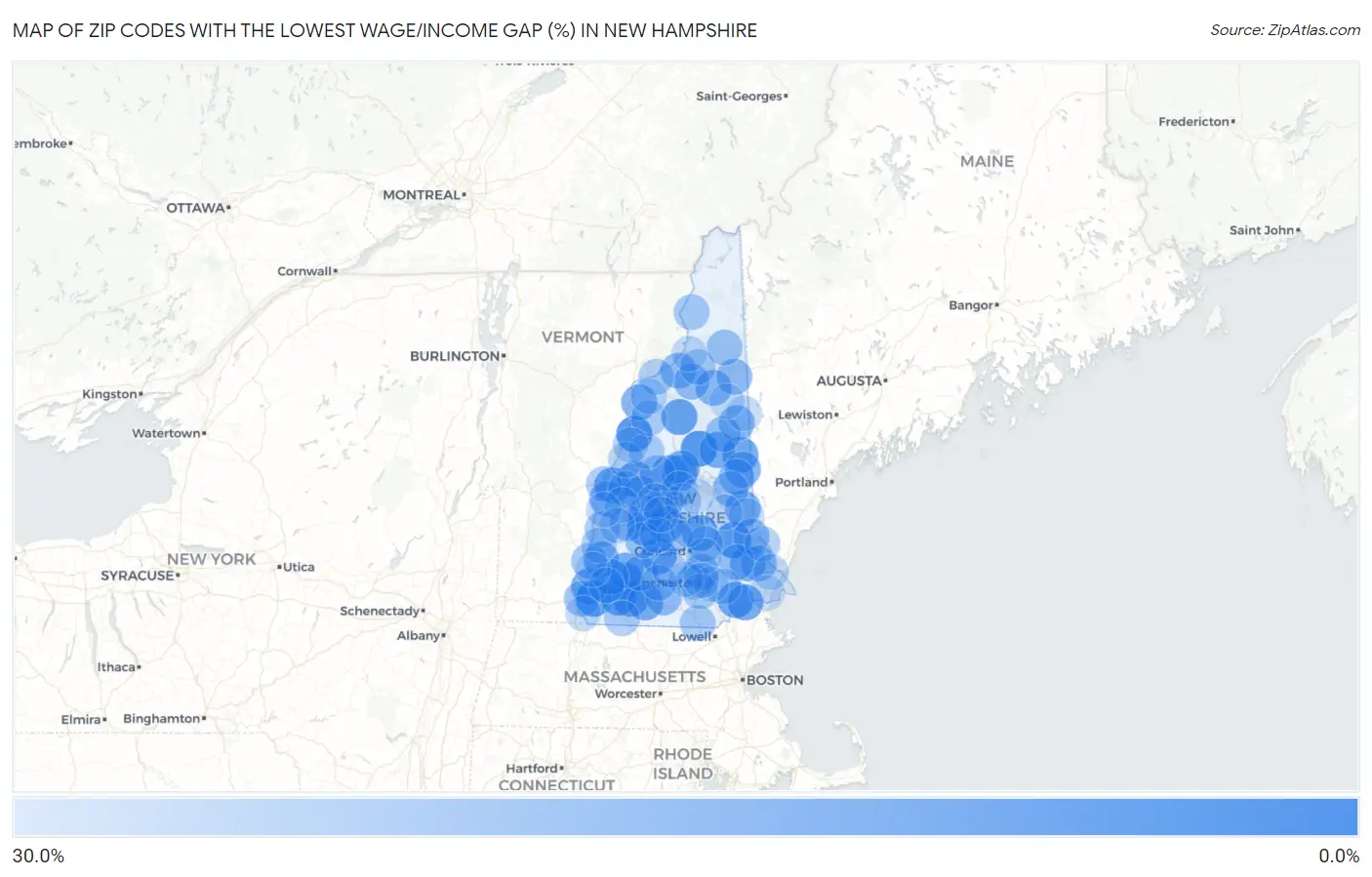 Zip Codes with the Lowest Wage/Income Gap (%) in New Hampshire Map