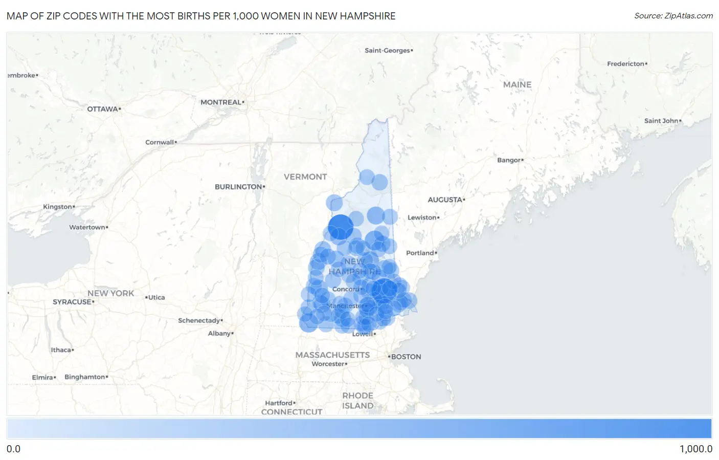 Zip Codes with the Most Births per 1,000 Women in New Hampshire Map