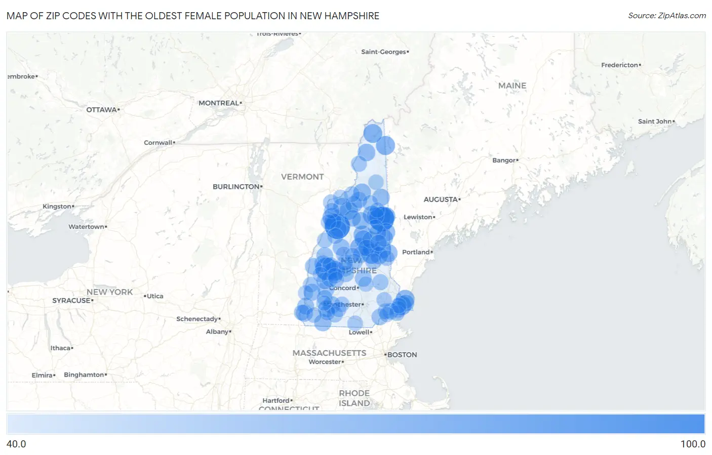 Zip Codes with the Oldest Female Population in New Hampshire Map