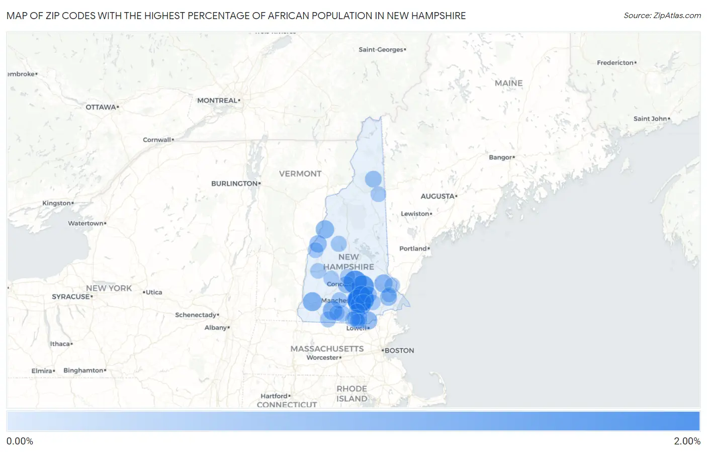 Zip Codes with the Highest Percentage of African Population in New Hampshire Map