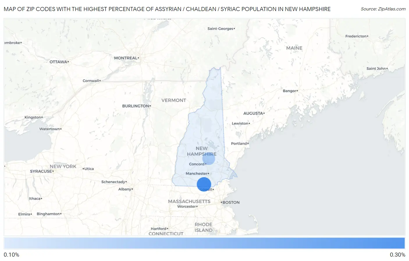 Zip Codes with the Highest Percentage of Assyrian / Chaldean / Syriac Population in New Hampshire Map