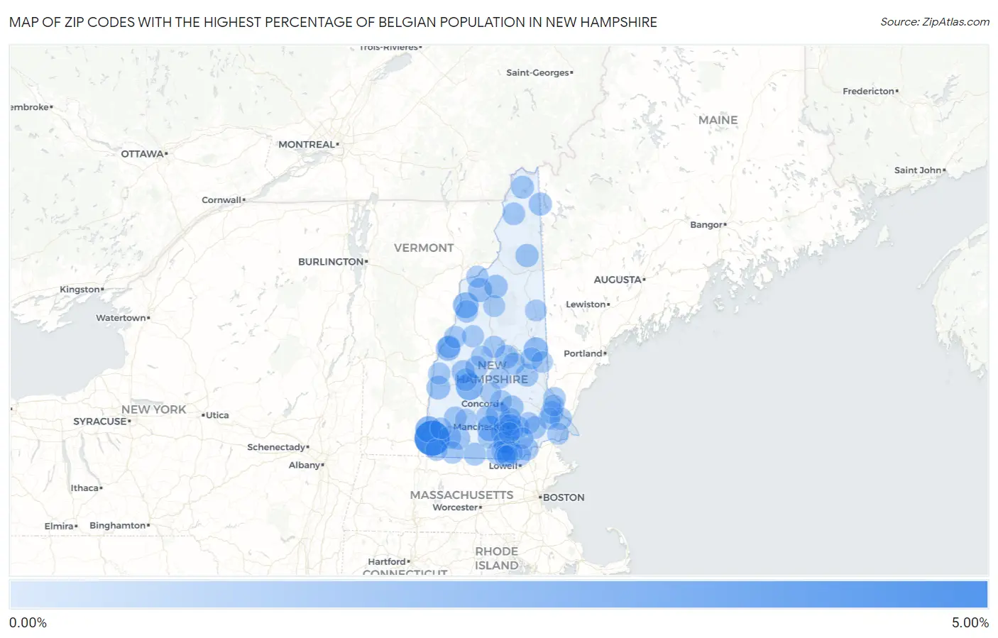 Zip Codes with the Highest Percentage of Belgian Population in New Hampshire Map