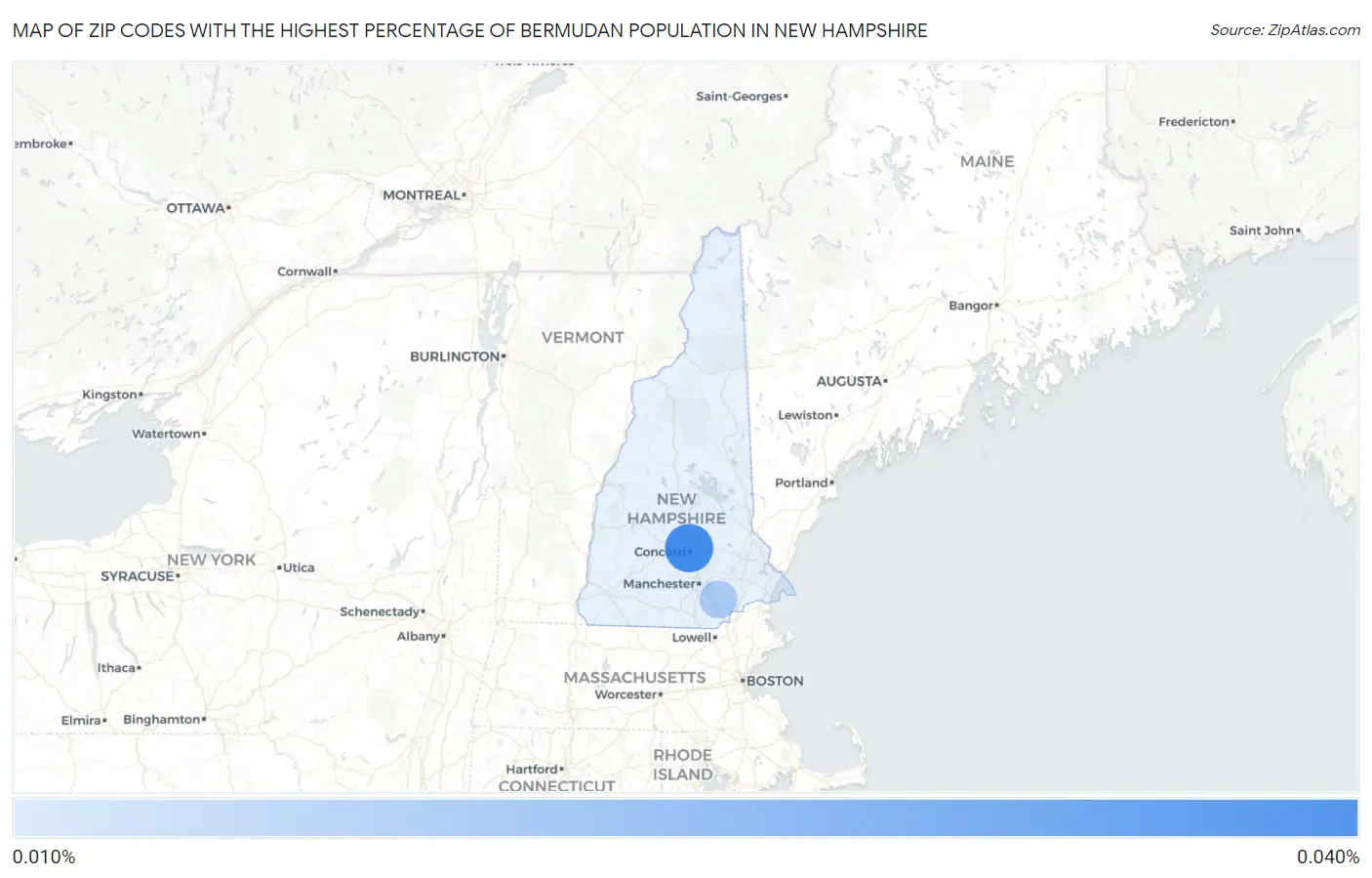 Zip Codes with the Highest Percentage of Bermudan Population in New Hampshire Map