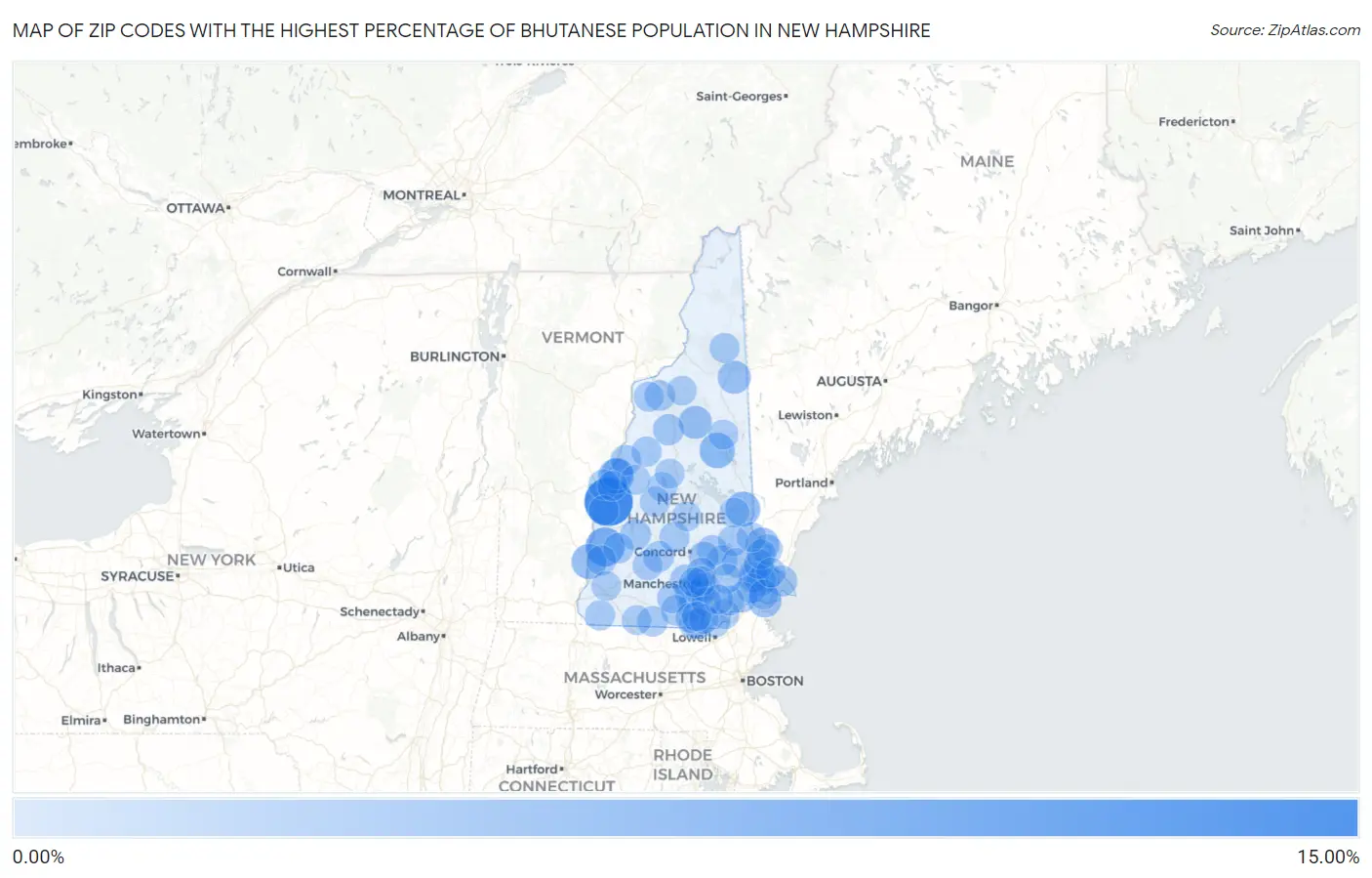 Zip Codes with the Highest Percentage of Bhutanese Population in New Hampshire Map