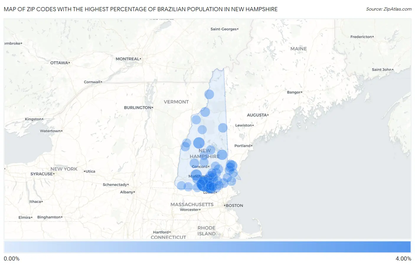 Zip Codes with the Highest Percentage of Brazilian Population in New Hampshire Map
