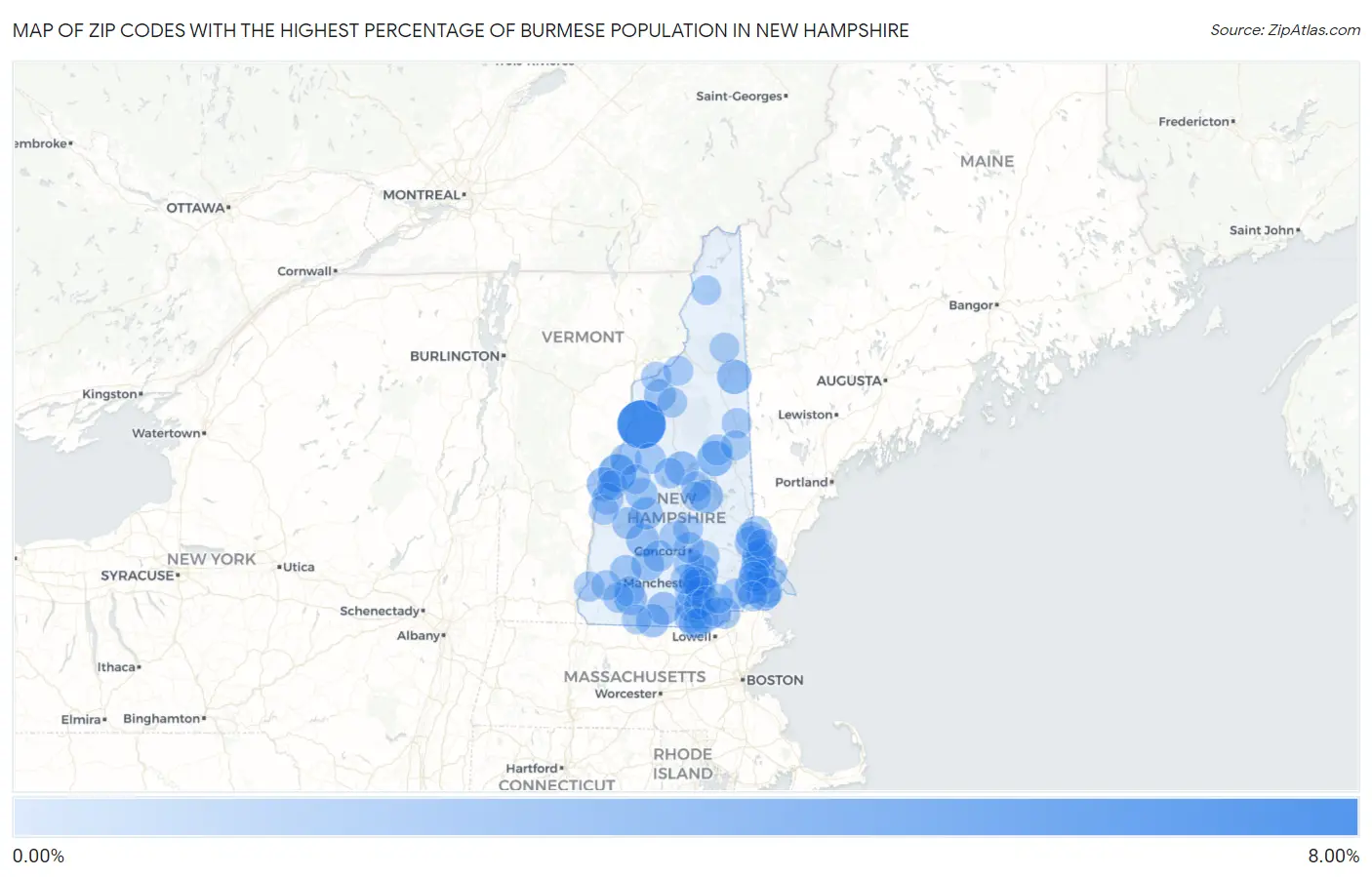 Zip Codes with the Highest Percentage of Burmese Population in New Hampshire Map