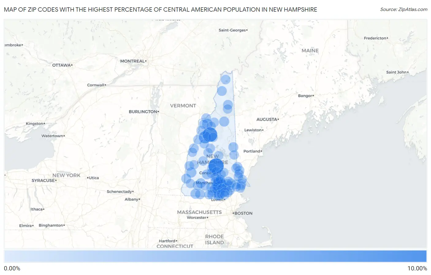 Zip Codes with the Highest Percentage of Central American Population in New Hampshire Map