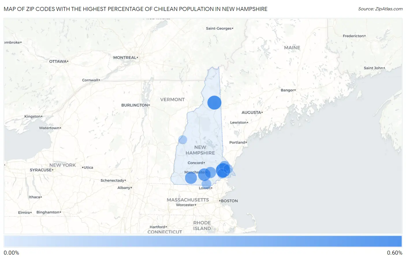 Zip Codes with the Highest Percentage of Chilean Population in New Hampshire Map