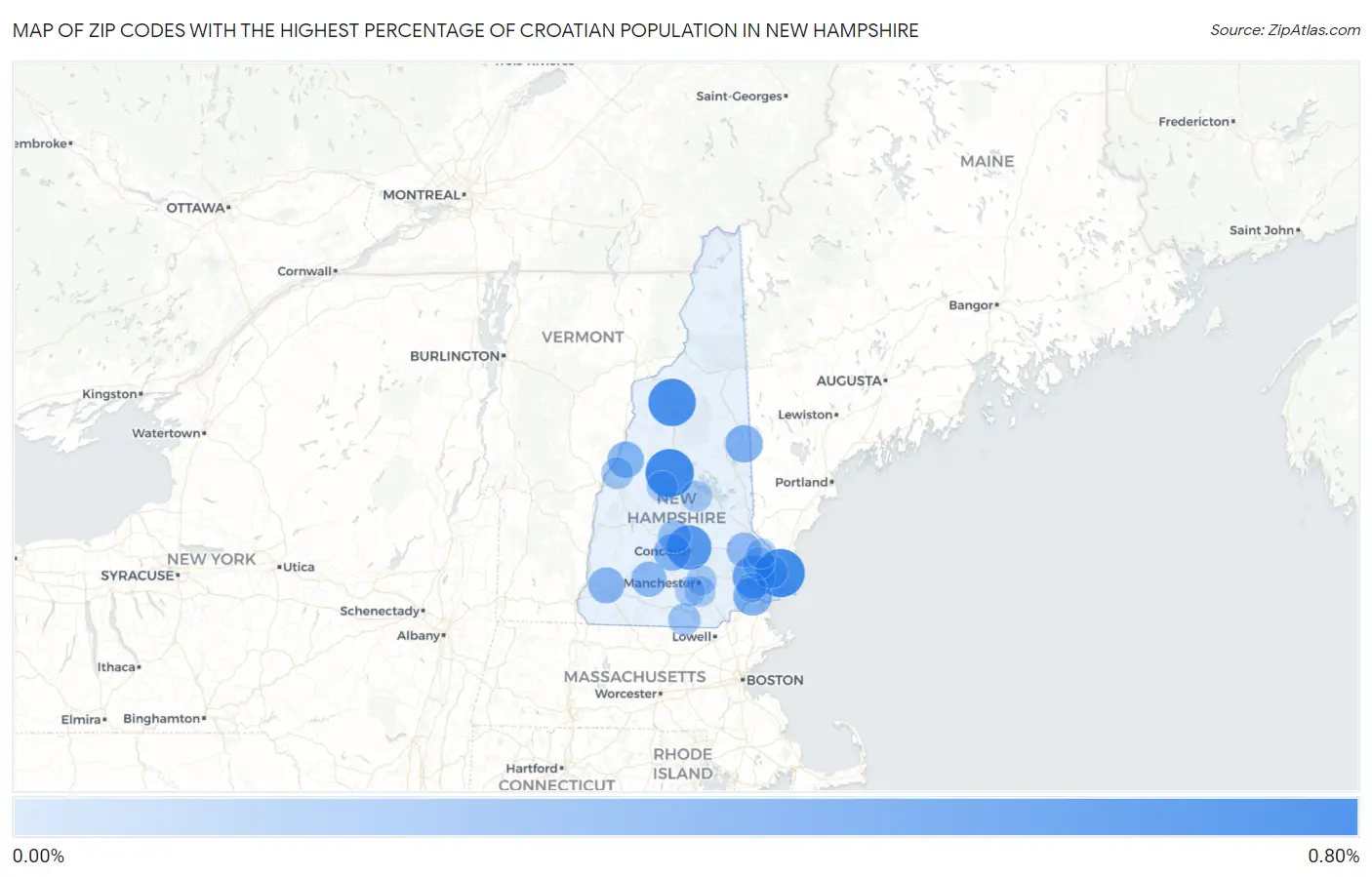 Zip Codes with the Highest Percentage of Croatian Population in New Hampshire Map