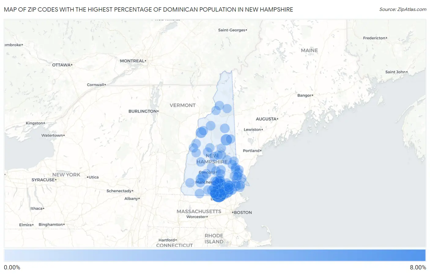 Zip Codes with the Highest Percentage of Dominican Population in New Hampshire Map