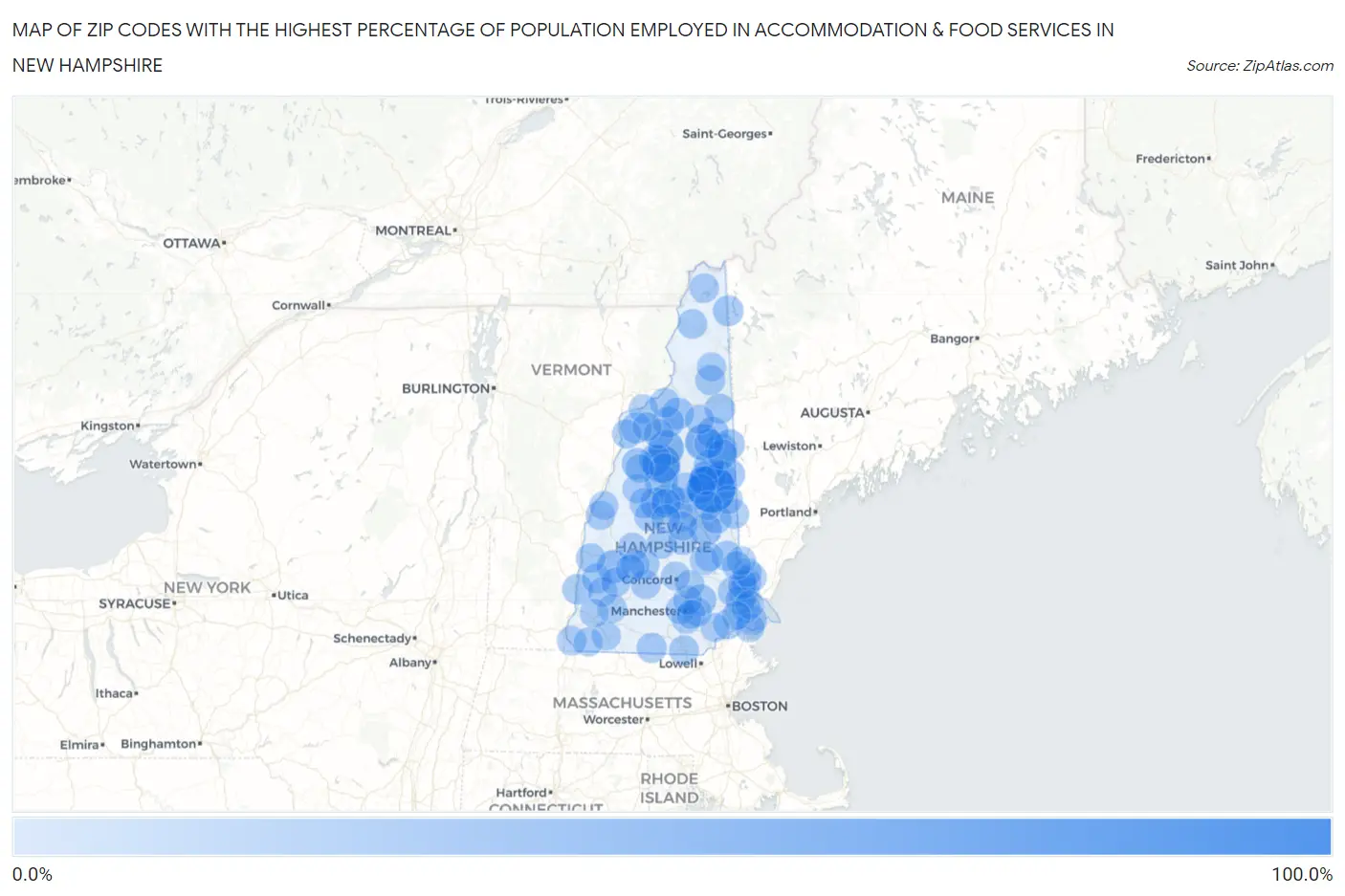 Zip Codes with the Highest Percentage of Population Employed in Accommodation & Food Services in New Hampshire Map