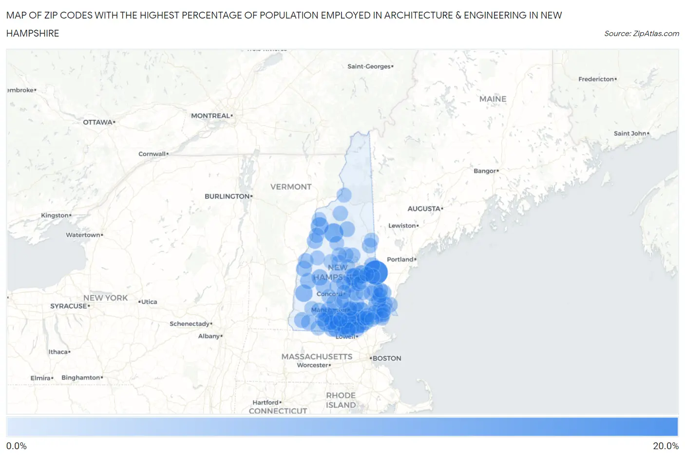 Zip Codes with the Highest Percentage of Population Employed in Architecture & Engineering in New Hampshire Map