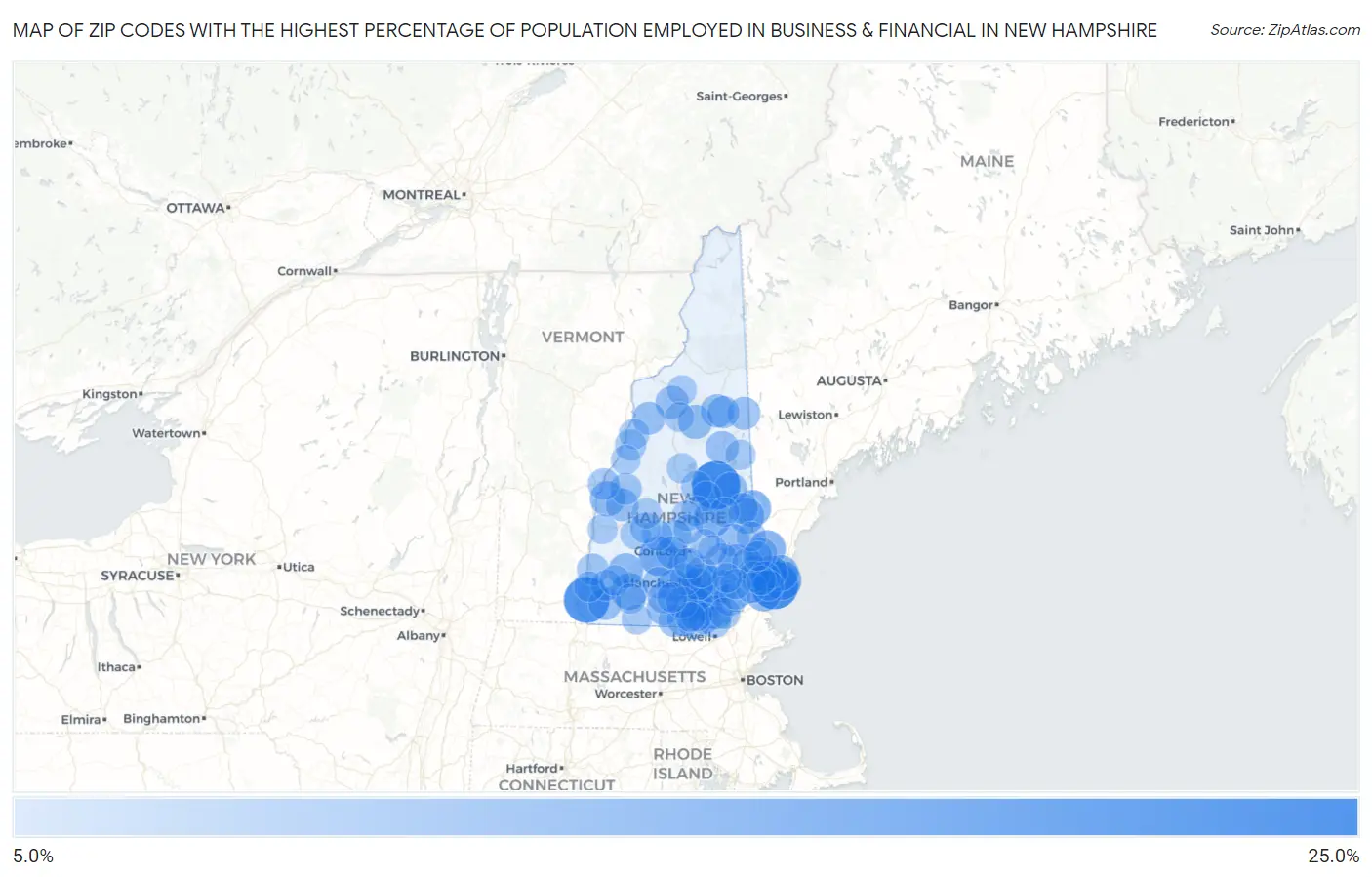 Zip Codes with the Highest Percentage of Population Employed in Business & Financial in New Hampshire Map