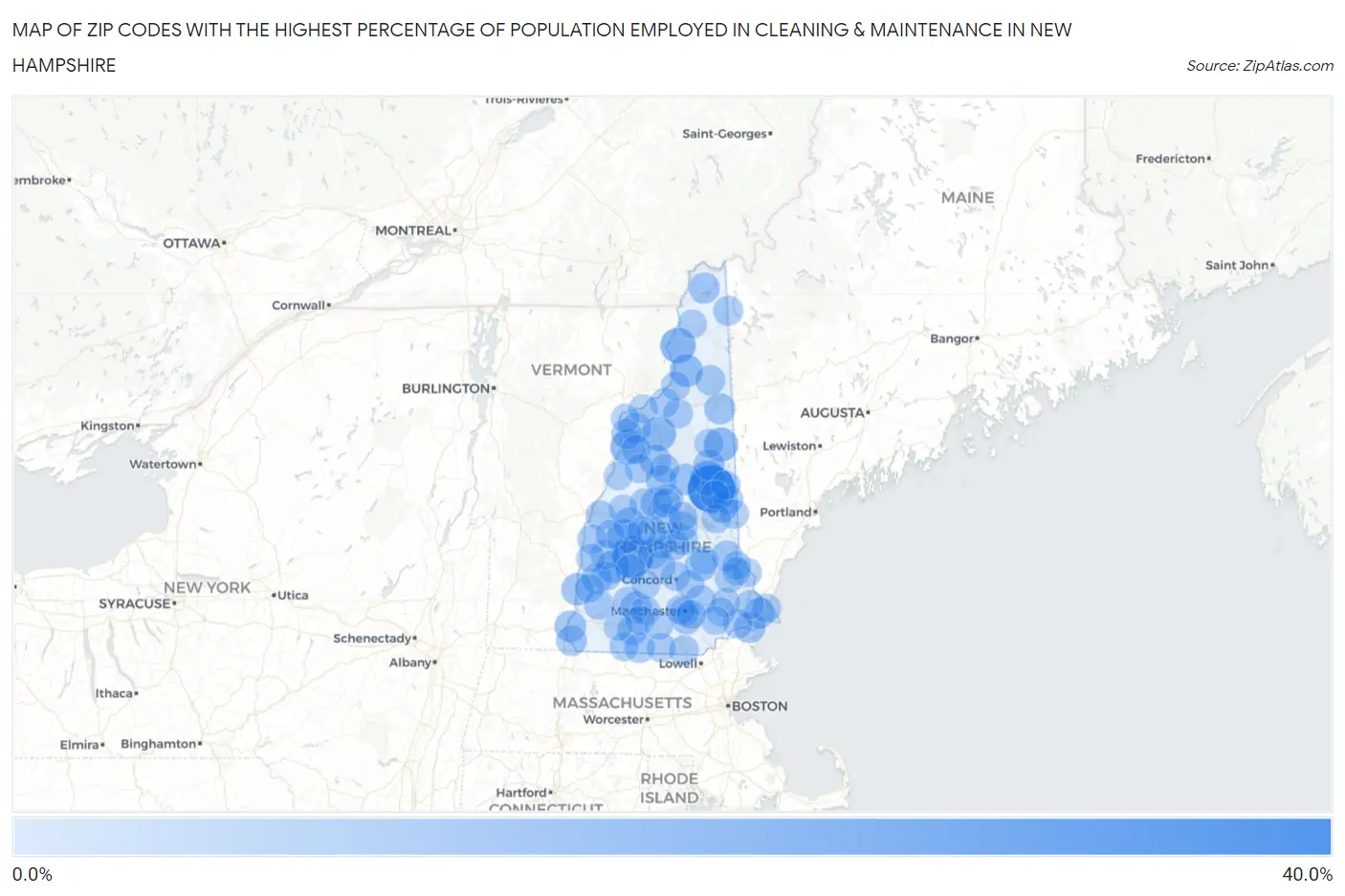 Zip Codes with the Highest Percentage of Population Employed in Cleaning & Maintenance in New Hampshire Map