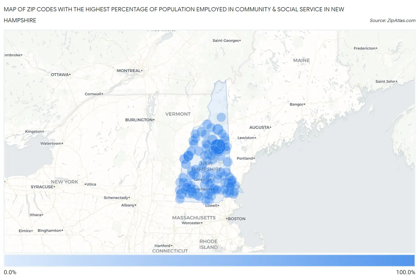 Zip Codes with the Highest Percentage of Population Employed in Community & Social Service  in New Hampshire Map