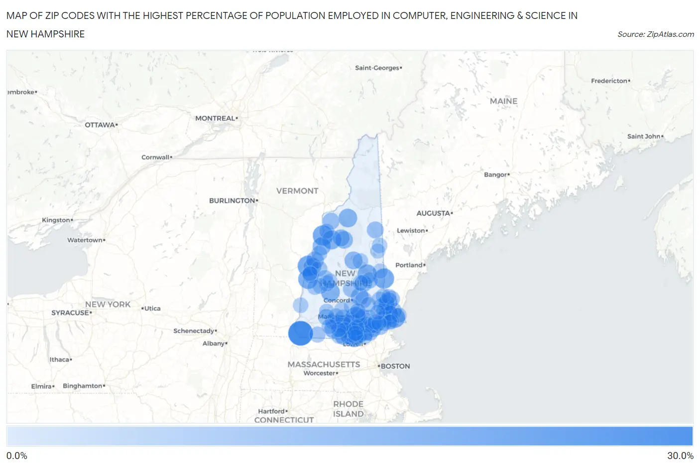 Zip Codes with the Highest Percentage of Population Employed in Computer, Engineering & Science in New Hampshire Map