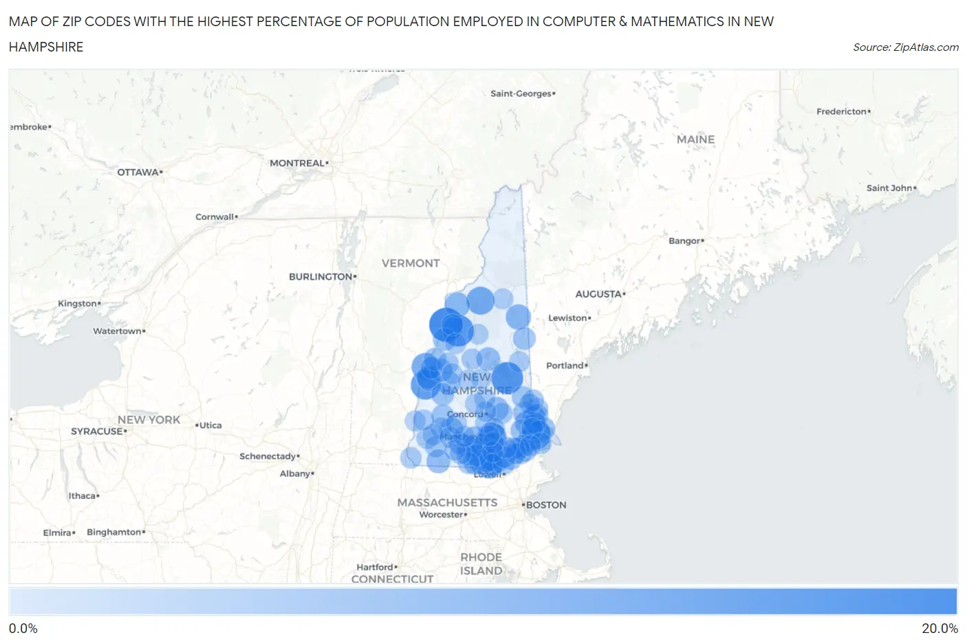 Zip Codes with the Highest Percentage of Population Employed in Computer & Mathematics in New Hampshire Map