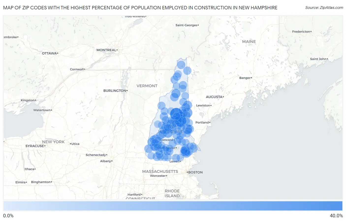 Zip Codes with the Highest Percentage of Population Employed in Construction in New Hampshire Map