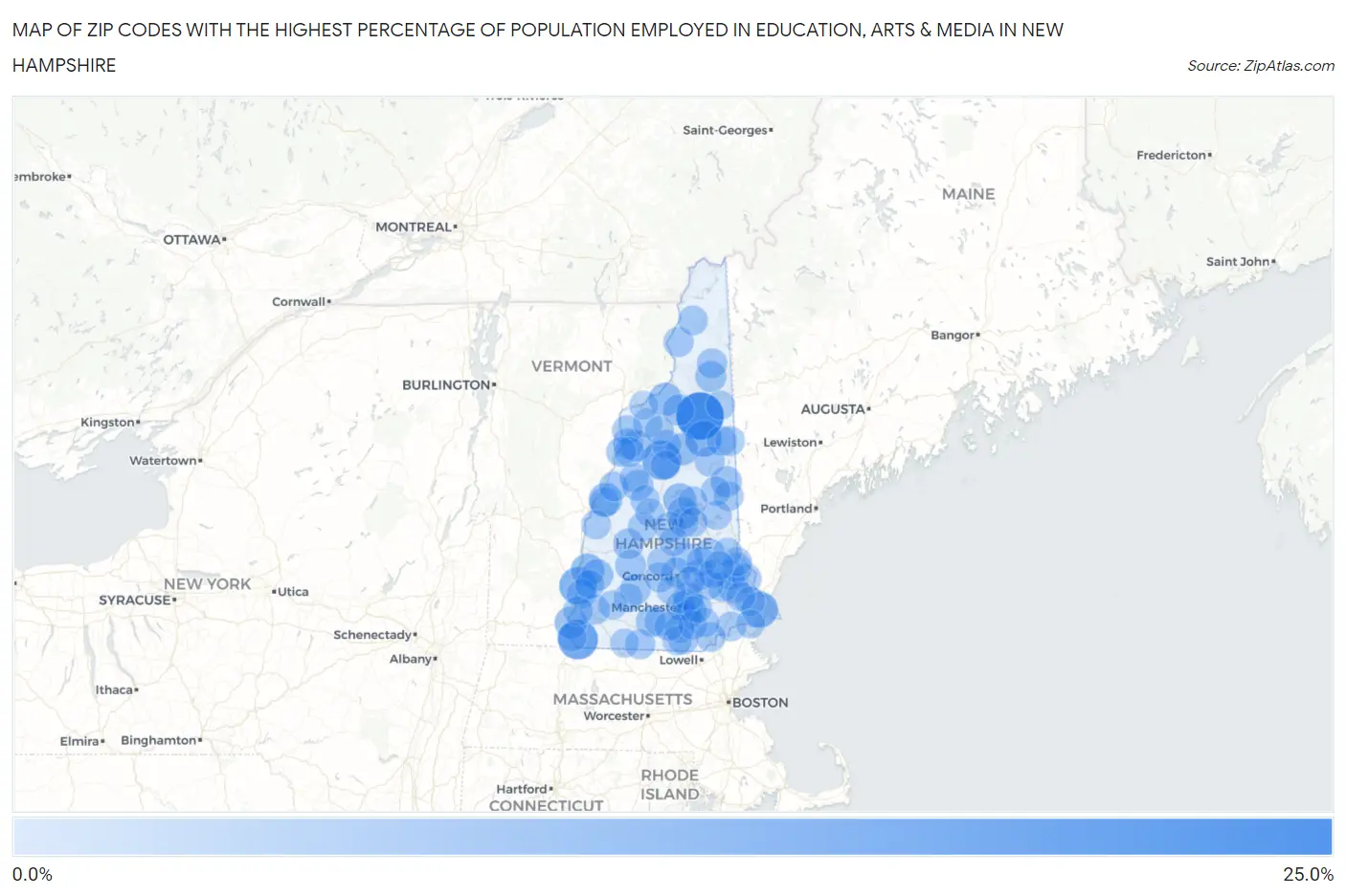 Zip Codes with the Highest Percentage of Population Employed in Education, Arts & Media in New Hampshire Map