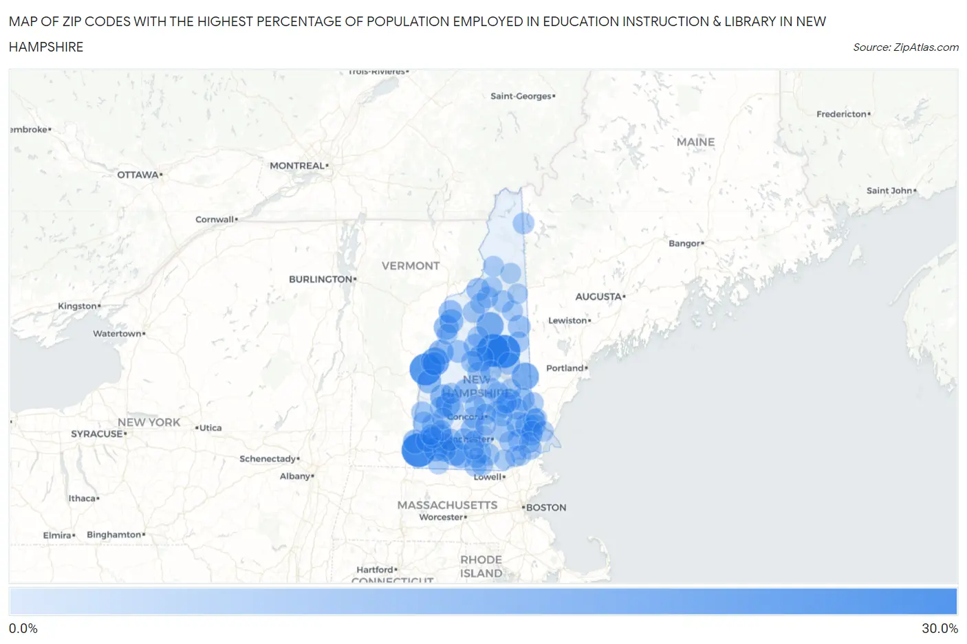 Zip Codes with the Highest Percentage of Population Employed in Education Instruction & Library in New Hampshire Map