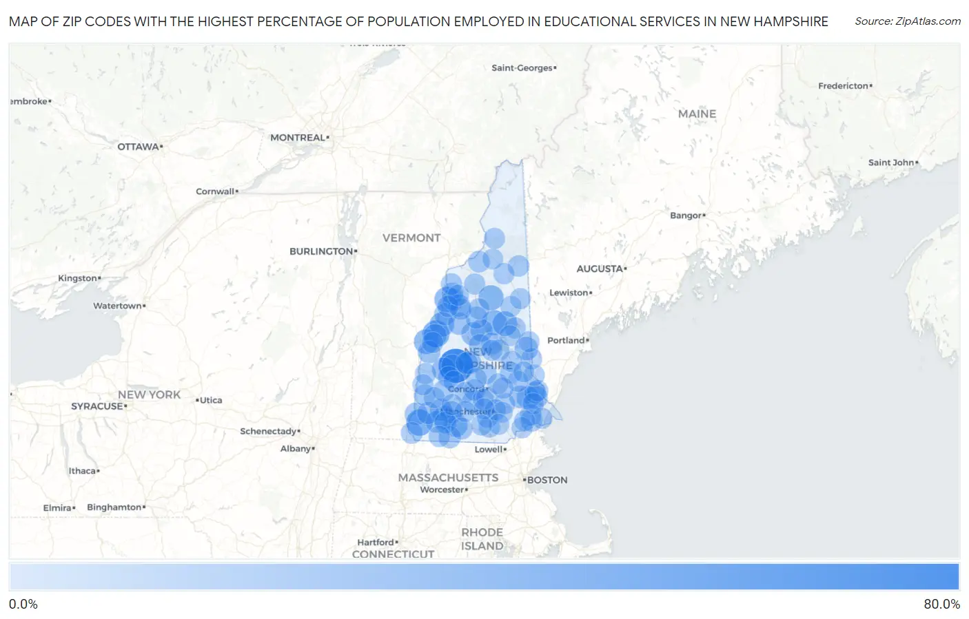 Zip Codes with the Highest Percentage of Population Employed in Educational Services in New Hampshire Map