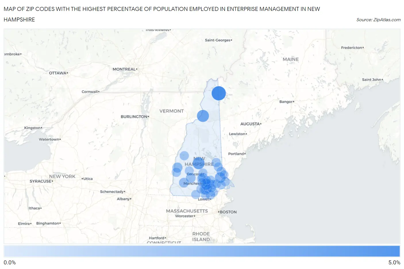 Zip Codes with the Highest Percentage of Population Employed in Enterprise Management in New Hampshire Map