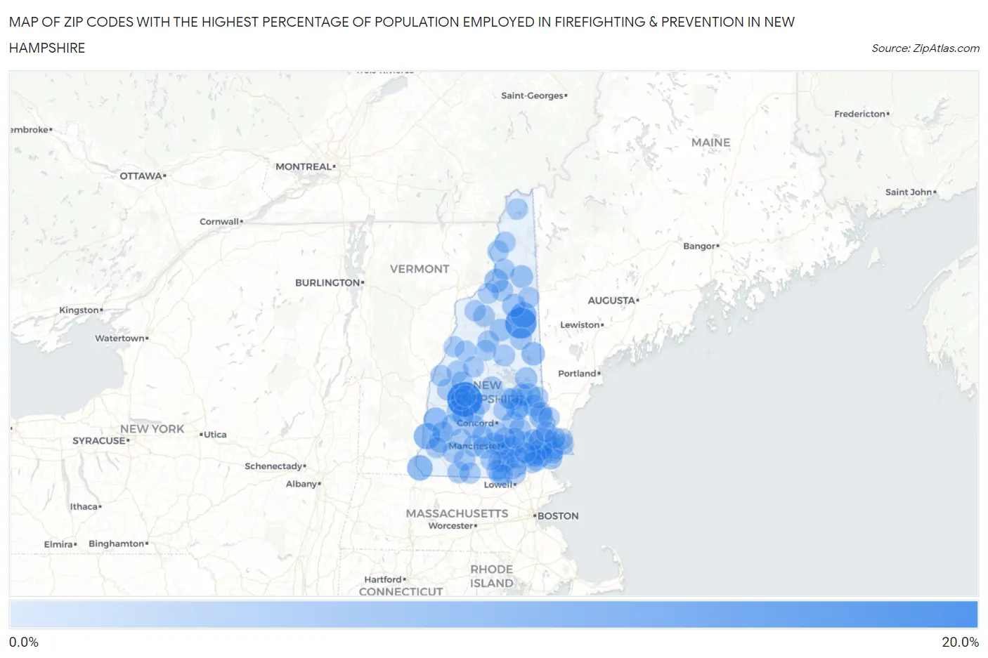 Zip Codes with the Highest Percentage of Population Employed in Firefighting & Prevention in New Hampshire Map