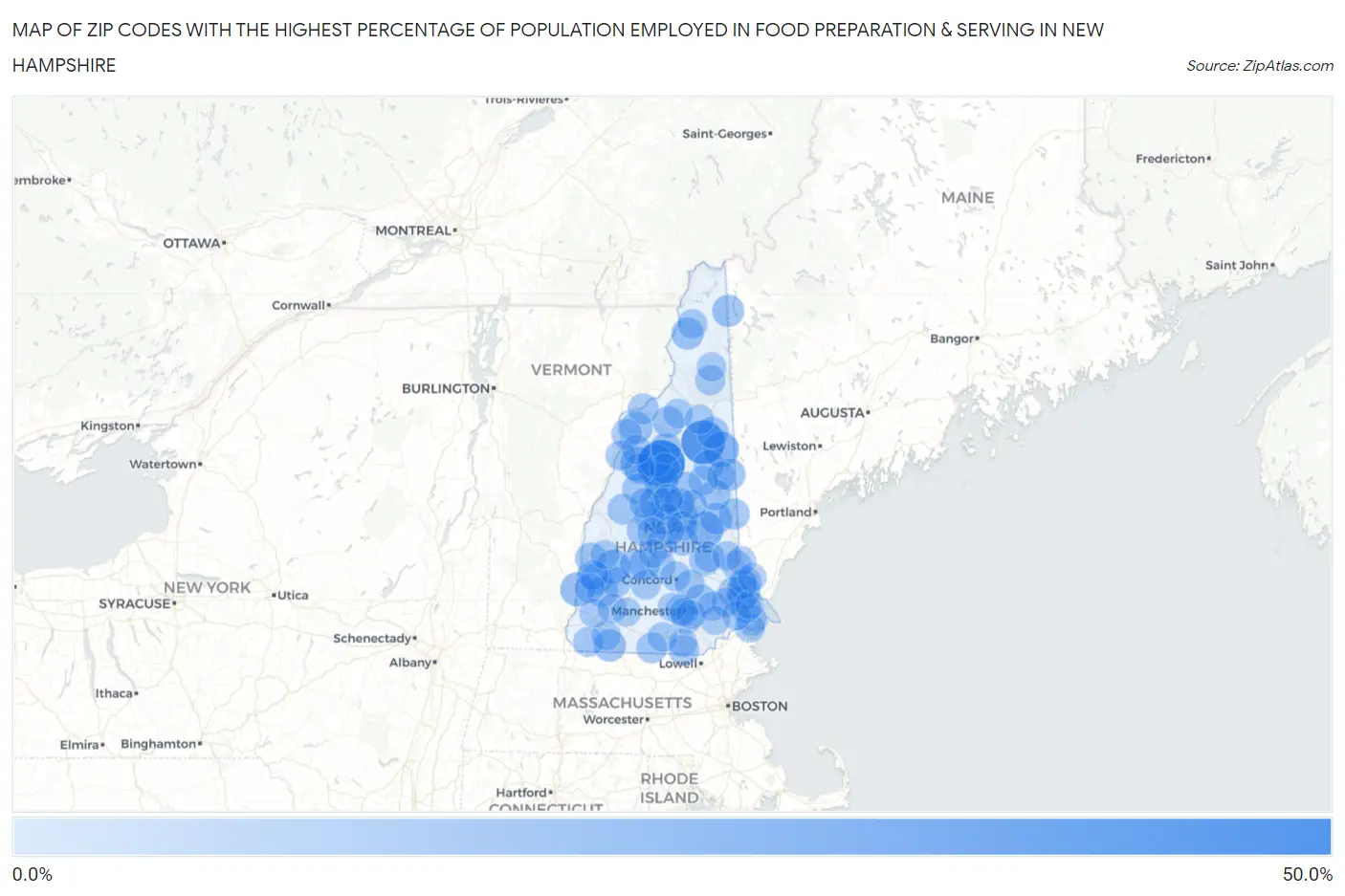 Zip Codes with the Highest Percentage of Population Employed in Food Preparation & Serving in New Hampshire Map