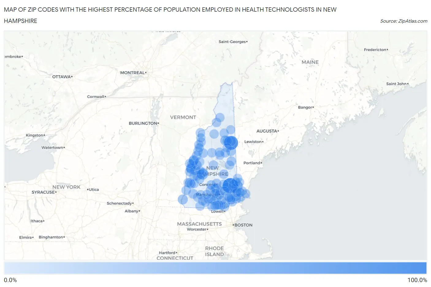 Zip Codes with the Highest Percentage of Population Employed in Health Technologists in New Hampshire Map