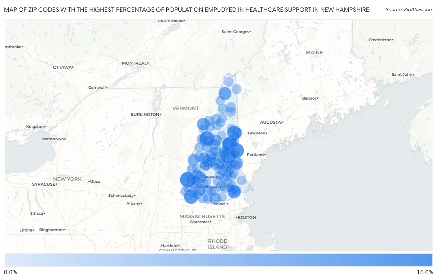 Zip Codes with the Highest Percentage of Population Employed in Healthcare Support in New Hampshire Map