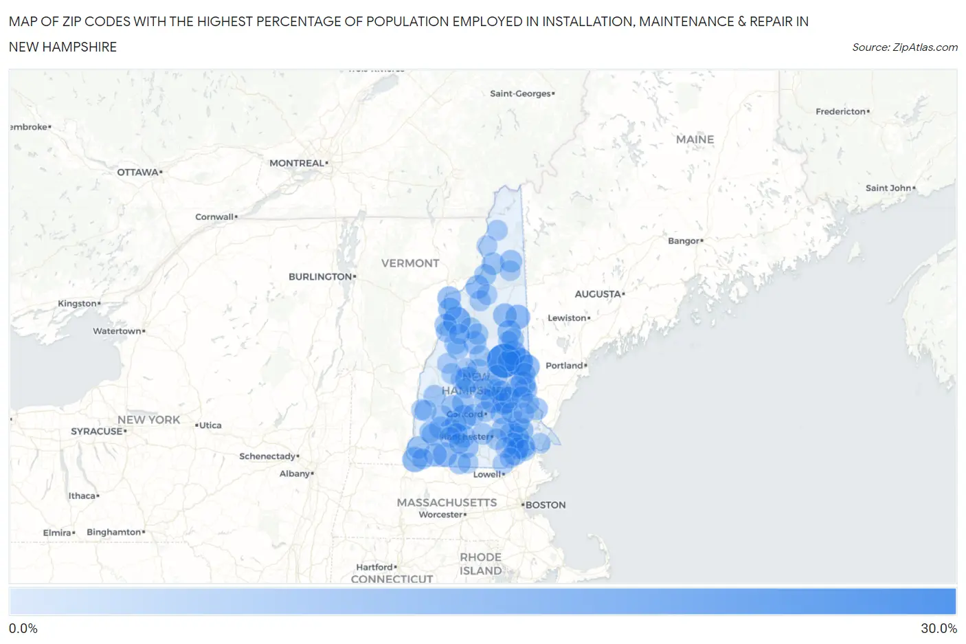 Zip Codes with the Highest Percentage of Population Employed in Installation, Maintenance & Repair in New Hampshire Map