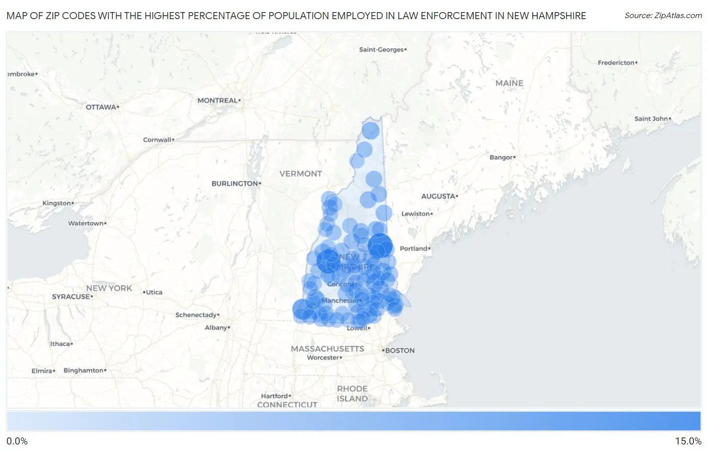 Zip Codes with the Highest Percentage of Population Employed in Law Enforcement in New Hampshire Map