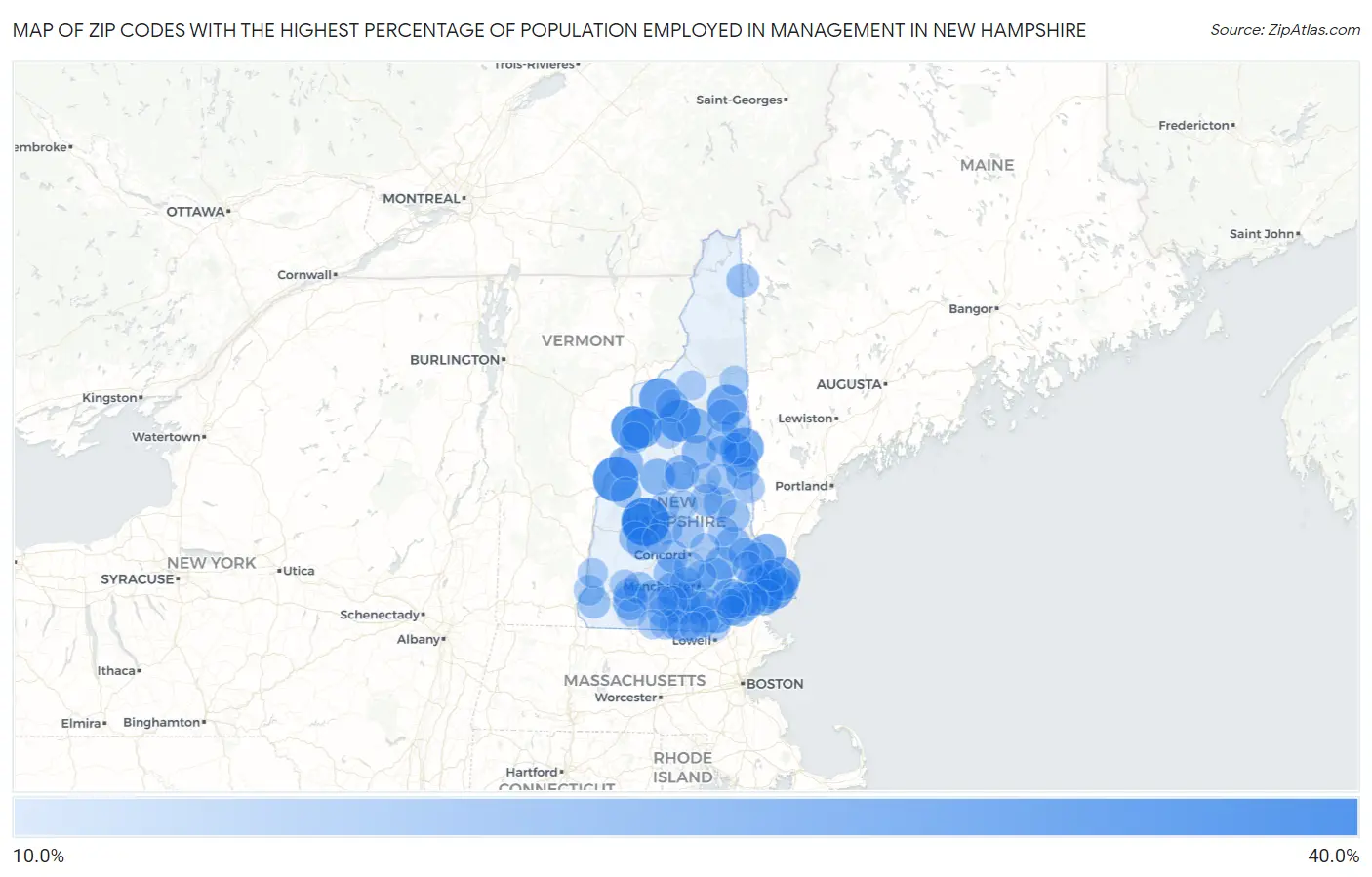 Zip Codes with the Highest Percentage of Population Employed in Management in New Hampshire Map