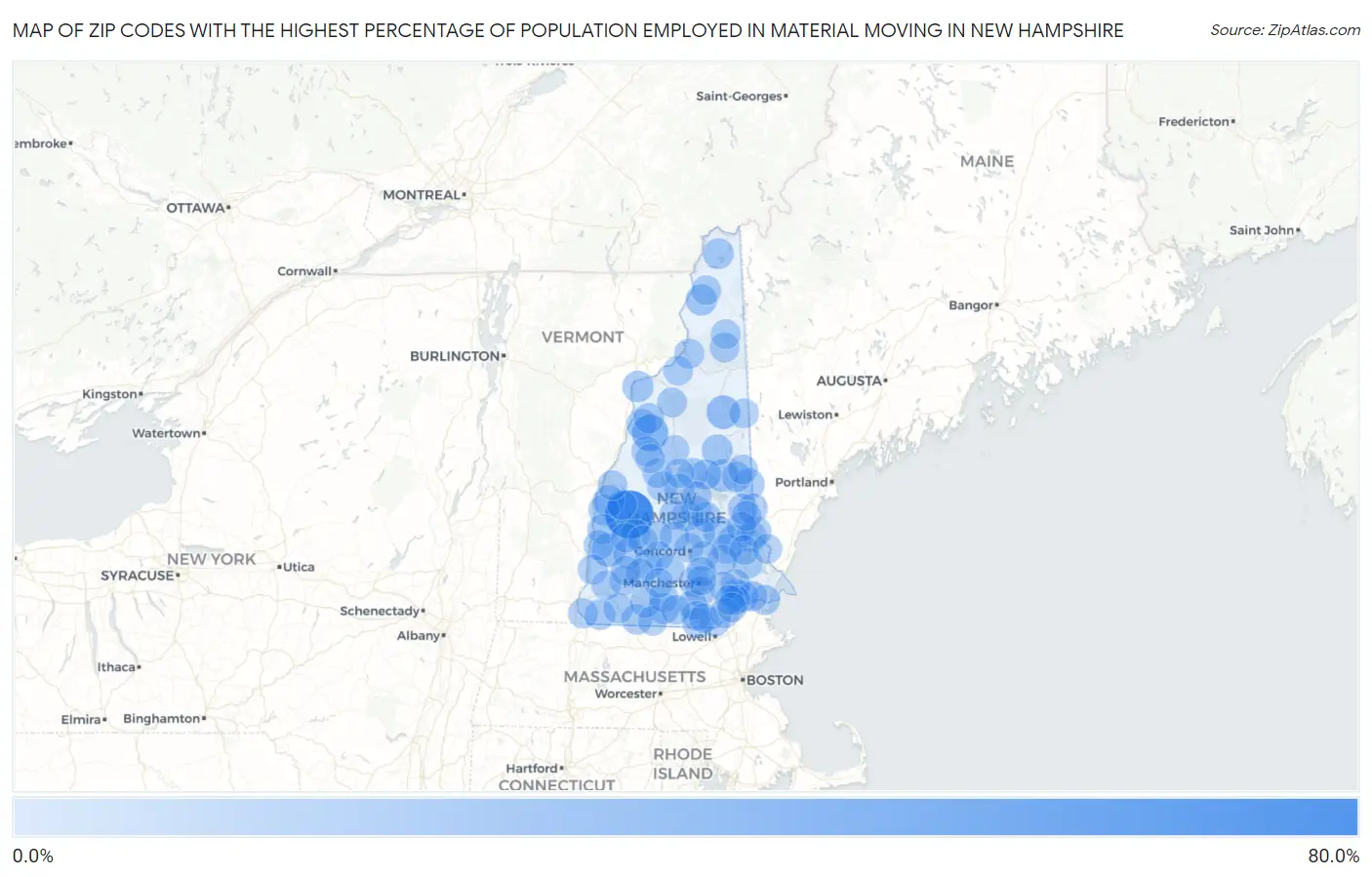 Zip Codes with the Highest Percentage of Population Employed in Material Moving in New Hampshire Map