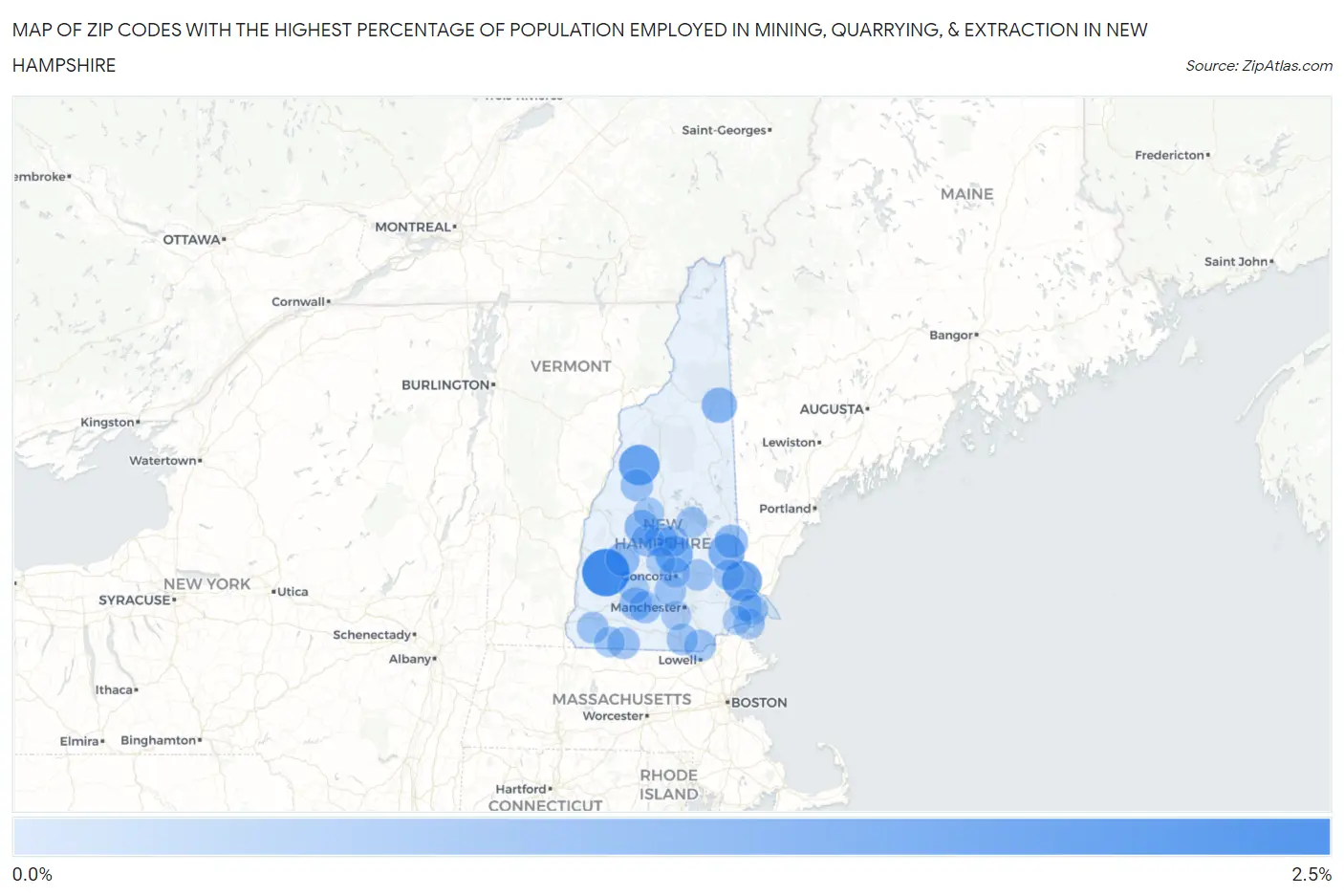 Zip Codes with the Highest Percentage of Population Employed in Mining, Quarrying, & Extraction in New Hampshire Map
