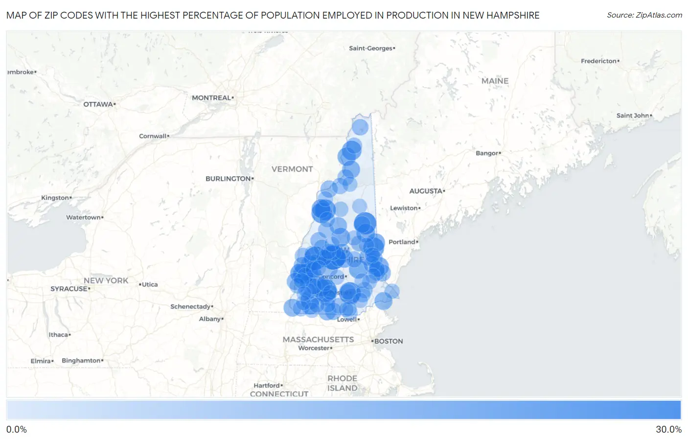 Zip Codes with the Highest Percentage of Population Employed in Production in New Hampshire Map
