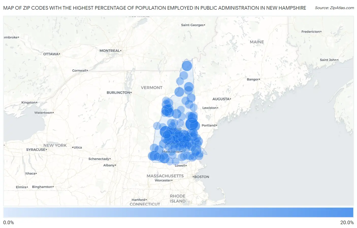Zip Codes with the Highest Percentage of Population Employed in Public Administration in New Hampshire Map