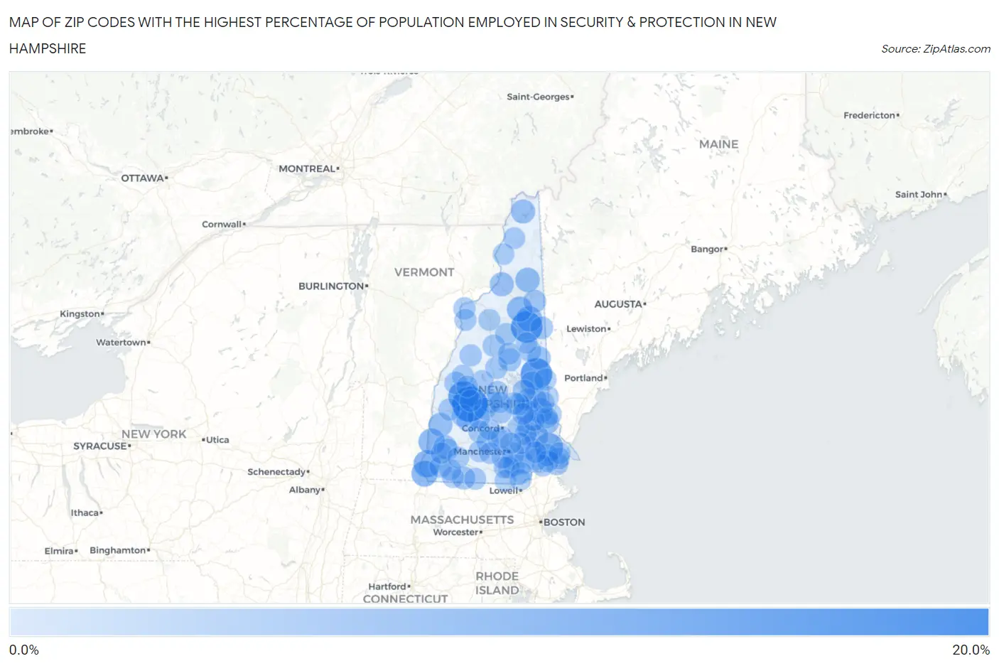 Zip Codes with the Highest Percentage of Population Employed in Security & Protection in New Hampshire Map