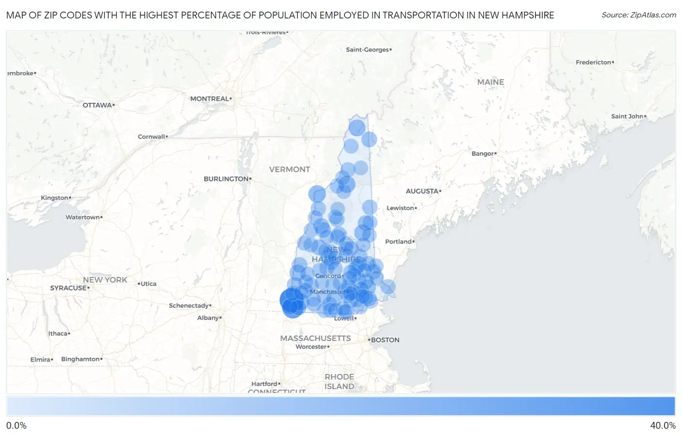 Zip Codes with the Highest Percentage of Population Employed in Transportation in New Hampshire Map