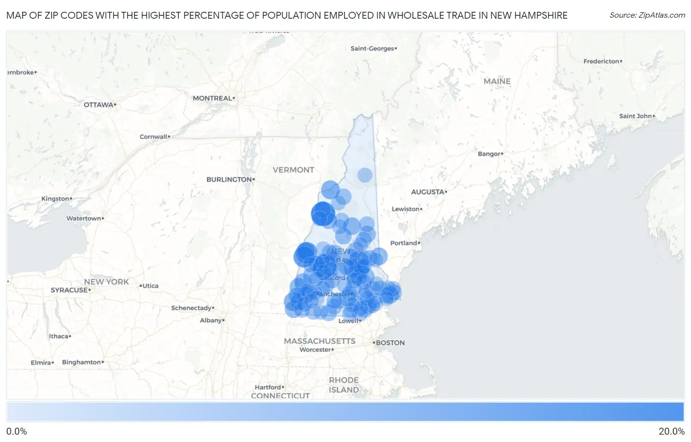 Zip Codes with the Highest Percentage of Population Employed in Wholesale Trade in New Hampshire Map