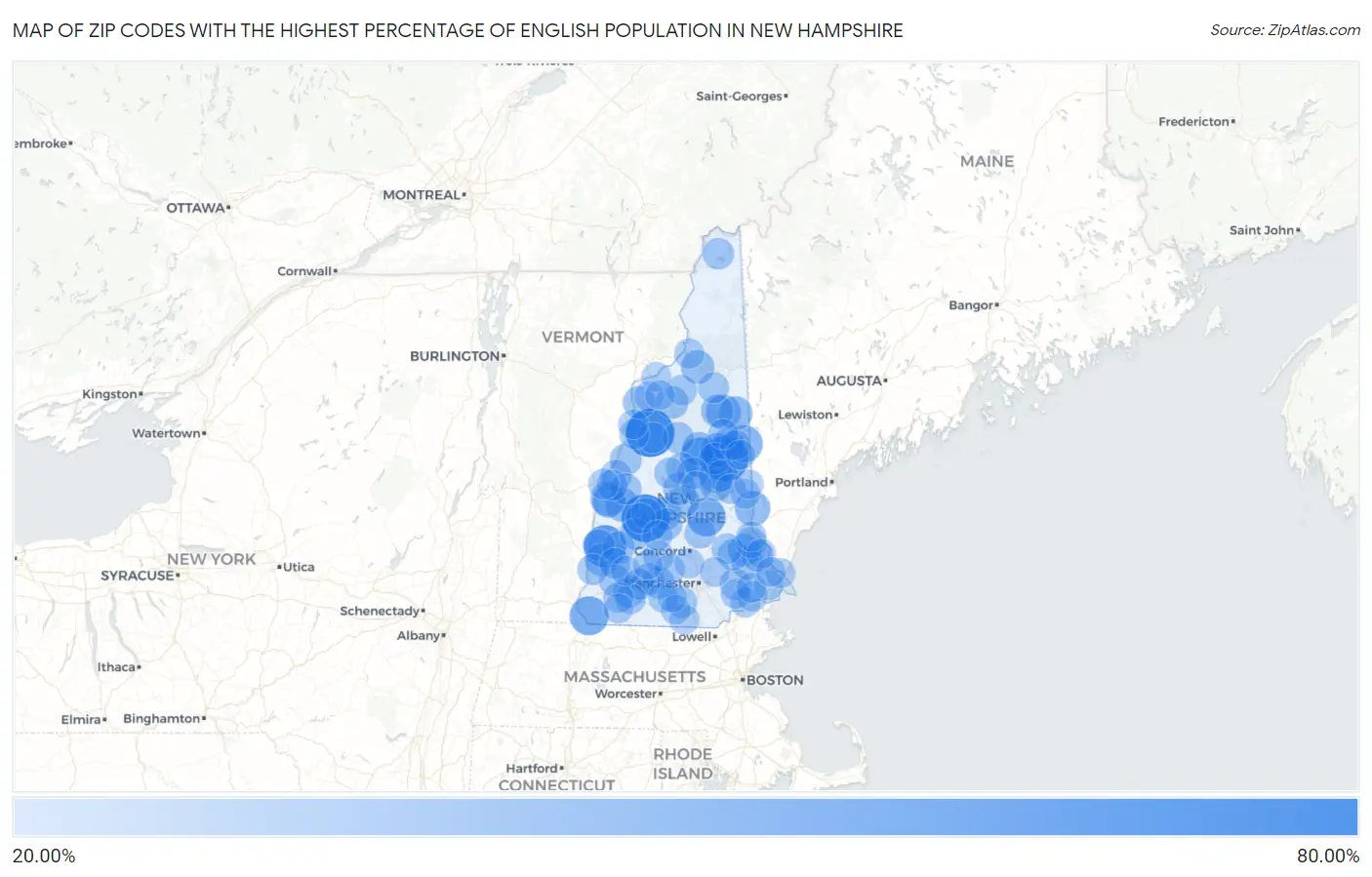 Zip Codes with the Highest Percentage of English Population in New Hampshire Map