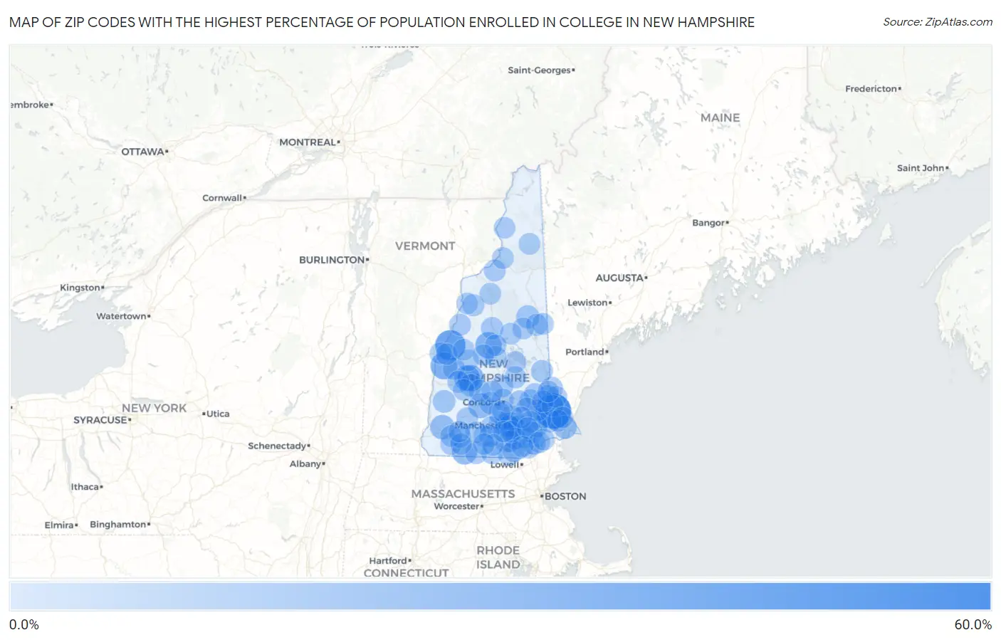 Zip Codes with the Highest Percentage of Population Enrolled in College in New Hampshire Map