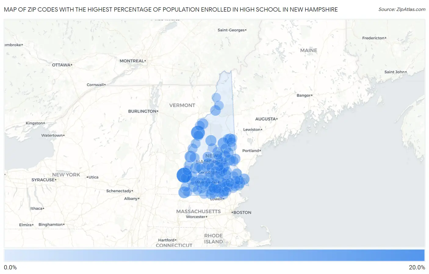 Zip Codes with the Highest Percentage of Population Enrolled in High School in New Hampshire Map