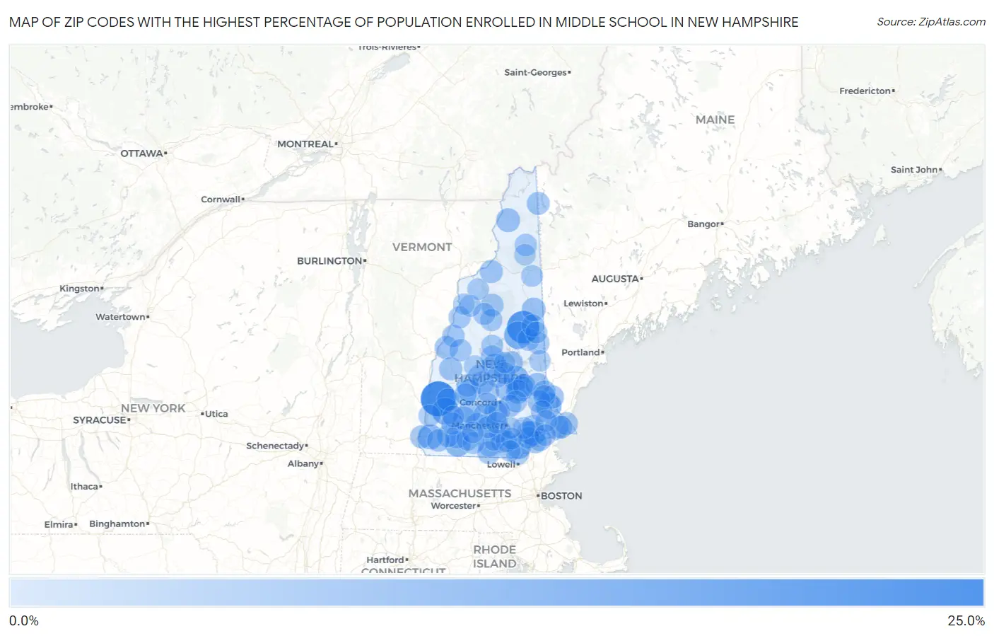 Zip Codes with the Highest Percentage of Population Enrolled in Middle School in New Hampshire Map