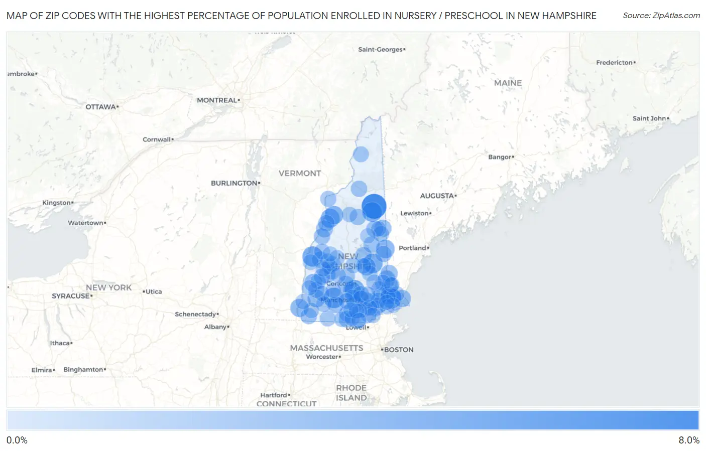 Zip Codes with the Highest Percentage of Population Enrolled in Nursery / Preschool in New Hampshire Map