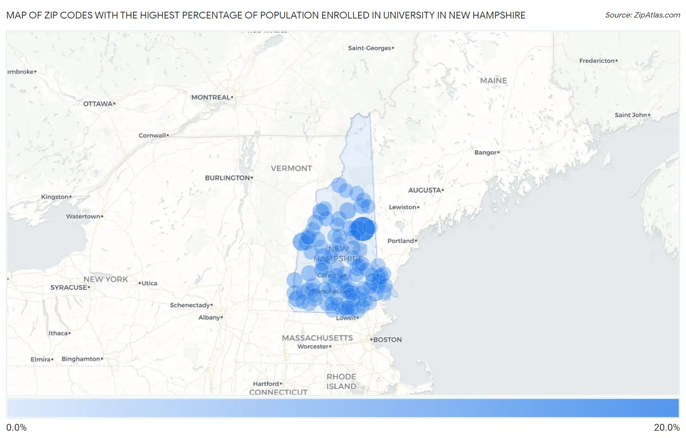 Zip Codes with the Highest Percentage of Population Enrolled in University in New Hampshire Map