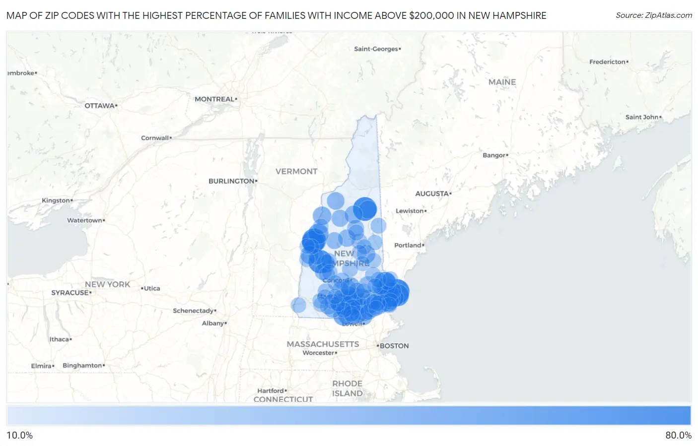 Zip Codes with the Highest Percentage of Families with Income Above $200,000 in New Hampshire Map
