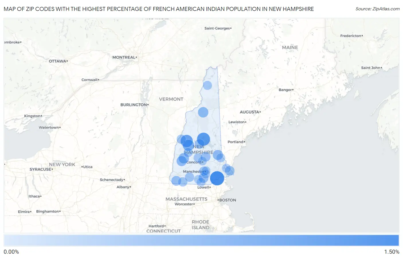 Zip Codes with the Highest Percentage of French American Indian Population in New Hampshire Map