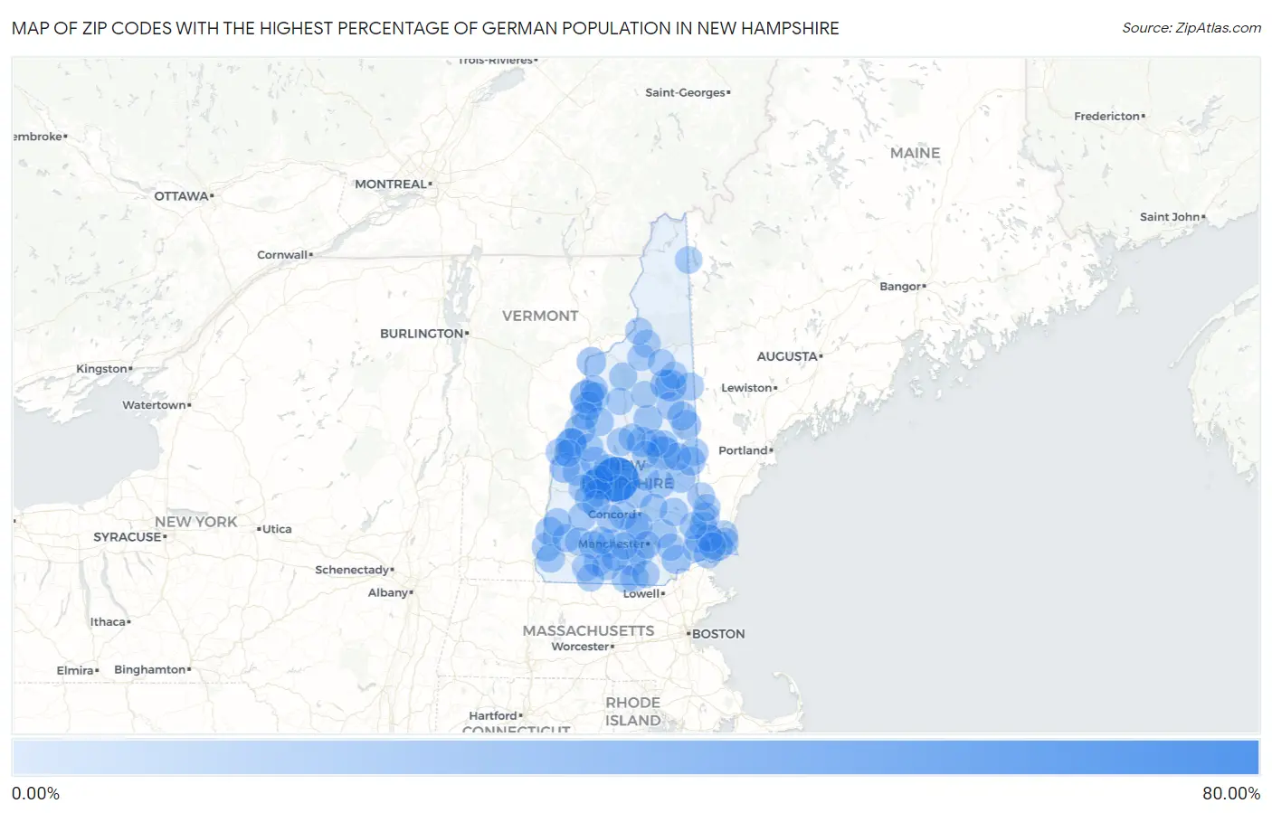 Zip Codes with the Highest Percentage of German Population in New Hampshire Map